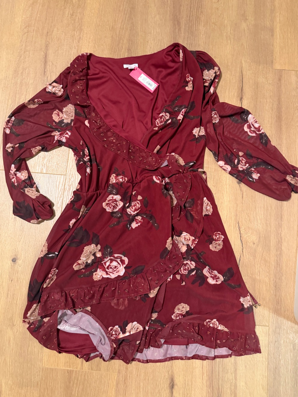 Xhilaration Burgundy Rose-Print Mini Wrap Dress